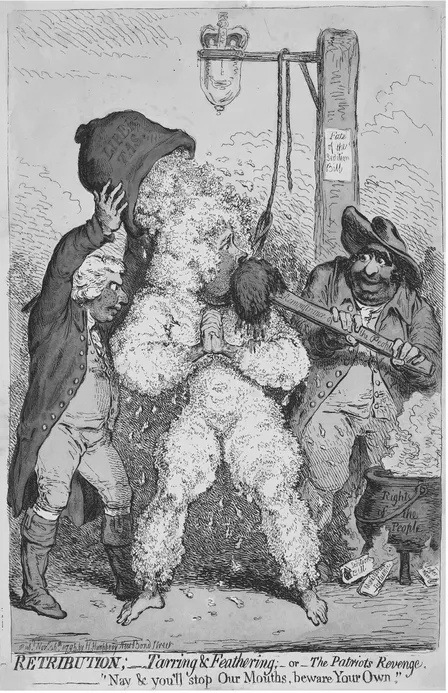 Fig 1.3 James Gillray, ‘Retribution; Tarring & Feathering; – or – ‘The Patriot’s Revenge’, 26 November 1795, BM8698