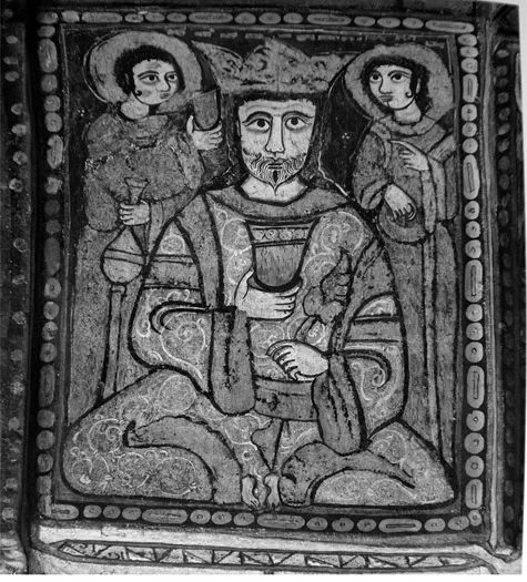 FIGURE 1 Palermo, Cappella Palatina: Crowned ruler flanked by two attendants, nave ceiling, muqarnas-cornice (south side) (© R. Longo, courtesy Cappella Palatina, Palermo)