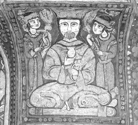 FIGURE 2 Palermo, Cappella Palatina: Crowned ruler flanked by two attendants, nave ceiling, muqarnas-cornice (south side) (© R. Longo, courtesy Cappella Palatina, Palermo)
