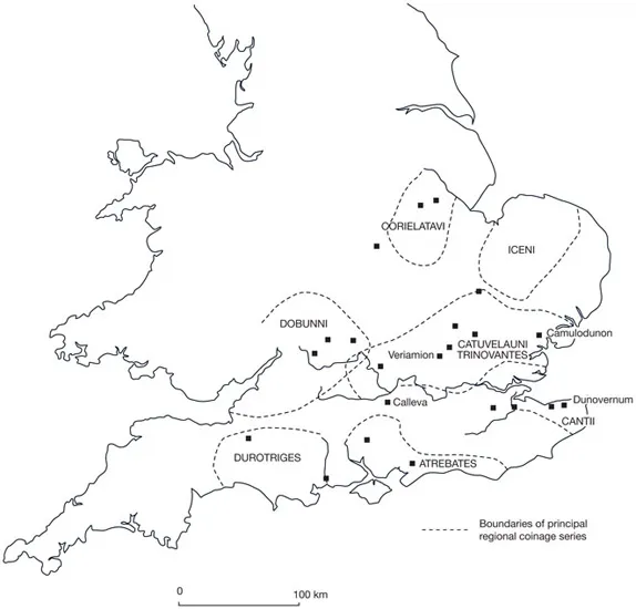 MAP 1 Southern England and Wales in the late Iron Age (the squares plot the sites of āurbanā centres ā oppida).