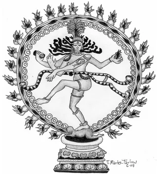 Figure 1.1 The dance of Shiva. Whereas the logical, rational style of the left-brain short circuits in the face of extreme complexity, the nonlinear, synthetic style of the right-brain is undaunted. This image of Shiva, derived from ancient Hindu mythology, portrays the continual dance of creation and destruction in the flux of the whole of Atman. The surrounding ring represents the universe with all its illusion, suffering and pain. The outer circle constitutes the fire of cosmos and consciousness, its inner edge lined with ocean waters. Shiva stands on the demon of illusion and ignorance. His dance is intended not only as a symbol, but also as a literal depiction of what takes place within us all at each moment, at invisible levels at the heart of consciousness. Like this book, Shiva dances at the intersection of art, science and spirituality.