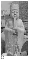 FIGURE 1.1. Symbols of material culture (a), social culture (b), and symbolic culture (c) in traditional China: (a) Replicas of bronze vessels and other artifacts from ancient China; (b) Entrance to one of the three major colleges that prepared candidates for civil examinations; (c) A statue of Confucius, whose ideas have greatly influenced China's intellectual tradition.