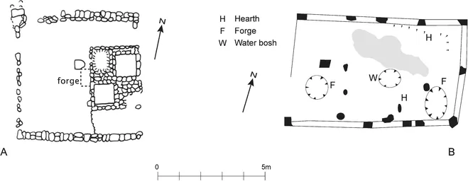 FIGURE 1.2 A: Smithy at Alsted, Surrey (after Ketteringham 1976, fig 19). B: Smithy at Goltho, Lincolnshire (after Beresford 1975, fig 22)