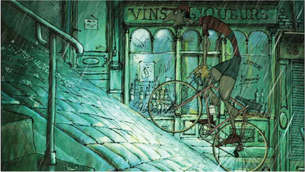 FIGURE 1.3 2D character with 3D parts riding a 3D bike found in The Triplets of Belleville