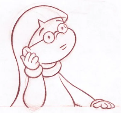 FIGURE 1.4 2D traditional character “M.E.,” animation (red) by Tina O’Hailey, cleanup (graphite) by John O’Hailey