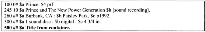 FIGURE 1. Bibliographic record for compact disc with no information on the label. Note: the bibliographic records shown in this and the following examples are incomplete; only the portions relevant to the topic under discussion and the MARC21 fields 100, 245, 260, and 300 are shown.