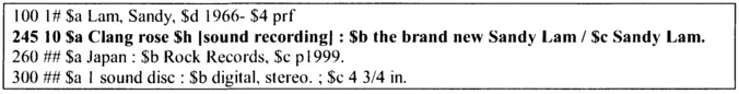 FIGURE 2. Performer's name appearing in the chief source of information both as part of the title and separately, as a statement of responsibility. Both occurrences are transcribed in the 245 field.
