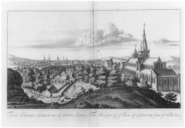 FIGURE 1.1 Prospect of Glasgow Cathedral from the north-east from John Slezer's Theatrum Scotiae (1693). The earliest detailed image of the cathedral and precinct. The cathedral shows signs of post-Reformation neglect, but all the main elements of the cathedral ( towers, bishop's castle and the manses) still survive. Reproduced by kind permission of Glasgow University Library