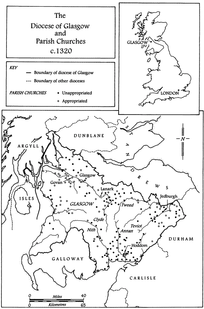 FIGURE 1.2 The diocese of Glasgow. Dots indicate parishes held before cl320. See map compiled by Norman Shead for the Scottish Historical Atlas (1975,155) for details of parishes