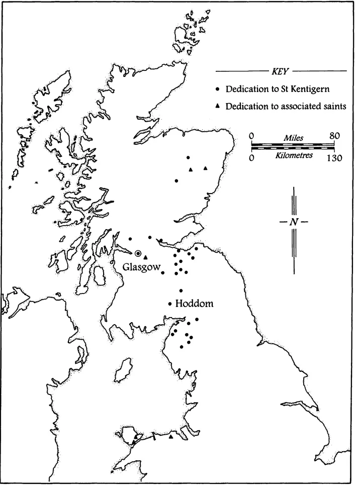FIGURE 1.3 The extent of the cult of St Kentigern as indicated by dedications to the saint (circles) or associated saints (triangles). After Bowen (1969, 84) with additions