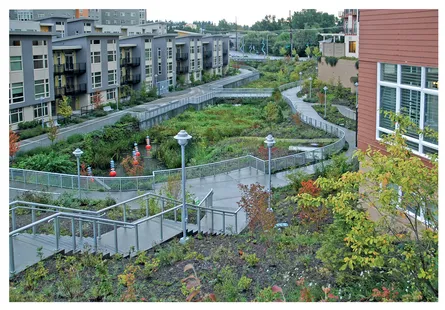 Figure 1.2 Restoration of creeks, the creation of constructed wetlands for pollution reduction and high-density mixed-use development can be combined, as at Thornton Creek in Seattle, Washington.