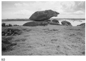 Figure 1.3 Aber Benoit, Brittany, France: (a) the locations of Neolithic tombs on what at a time of lower sea level were rocky rises or islands above a now drowned coastal plain, some tombs show evidence of orientation on topographic features (after Scarre, 2002, Figure 6.6); (b) one of the four tombs on the small island of Île Guennoc; (c) one of the reasons special importance was attached to this island may have been the natural giant perched boulder which dominates the approach to the island from the estuary to the south (photos Martin Bell)