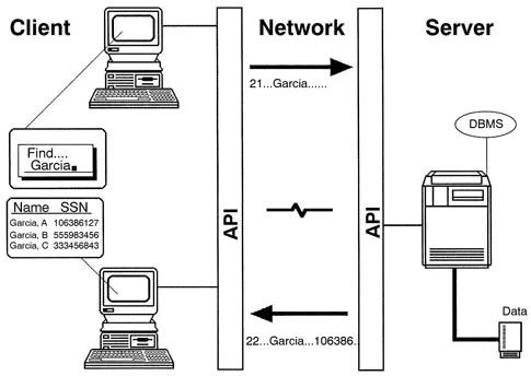 FIGURE 3. The Application Programming Interface (API) is the middleware component that facilitates the transfer of messages across the network. The client query is converted into a standardized form that the server’s API can translate and submit to the DBMS. Results are likewise converted into a form that the client’s API can present to the client program.