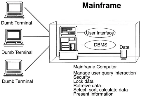 FIGURE 1. The mainframe computer manages all aspects of a session including communications, user query interaction, database management and data presentation.