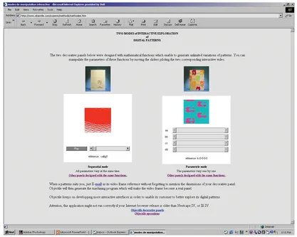 1.5 Bernard Cache, Objectiles, 1997. The online interface for designing objectiles, non-standard objects, features interactive manipulation of the parametrically defined geometry.
