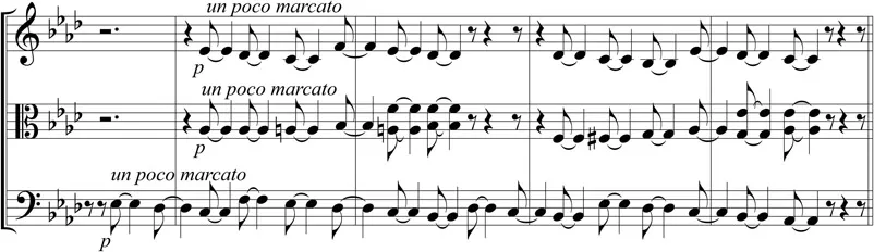 EXAMPLE 1.2 Schumann, String Quartet, Op. 41/2, II, mm. 17–20.