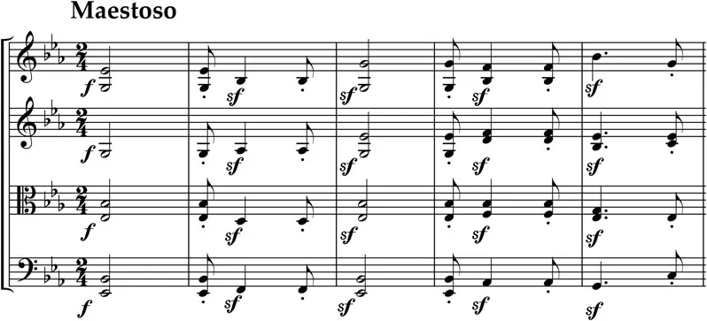 EXAMPLE 1.4 Beethoven, String Quartet Op. 127, I, mm. 1–5.