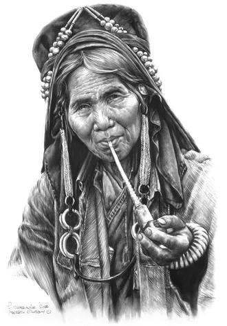 An elder from an Akha Panghok swidden-farming community in mountainous northern Laos draws thoughtfully on her pipe as she regards a foreign visitor Sketch based on a photo by Laurent Chazée