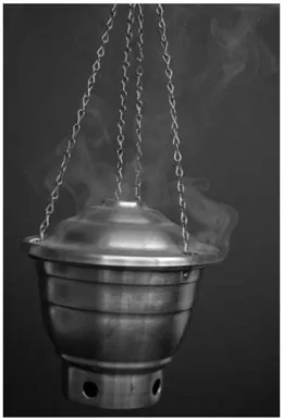 PHOTO 1.1. A censer, also called a thurible, with frankincense and myrrh resin incense smoldering, as used in a Catholic church.