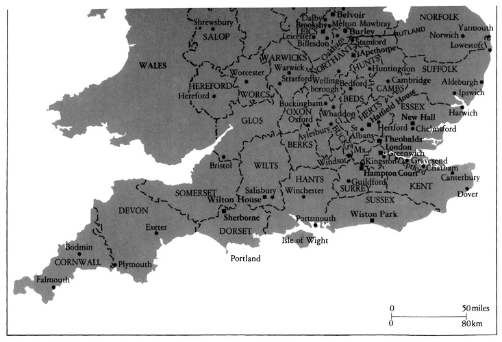 Map 1. England, showing places of significance in Buckingham's life