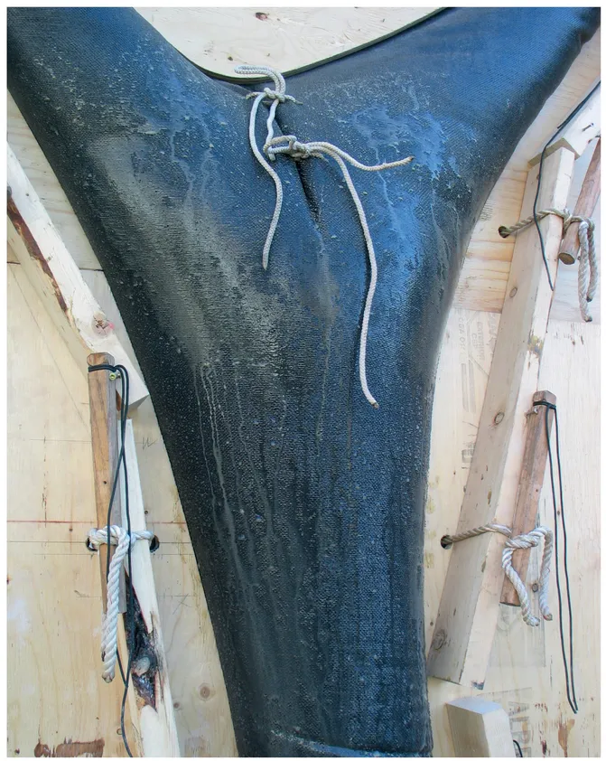 Figure 1.1 A permeable mould skin, under pressure, bleeding mix water (see pp. 56–9)