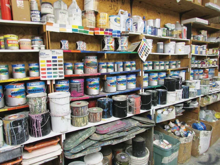Figure 1.1 A professional scenic shop such as Cobalt Studios will stock many brands and varieties of paint and dyes. A small theater or school shop can still do a lot with a more modest inventory.