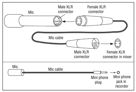 Figure 1-2 (Top): Male and female XLR connectors. (Bottom): Phone plug and phone jack connectors (jack plug and socket connectors outside the US).