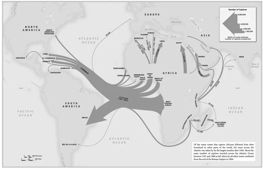 Map 1.2 Overview of the slave trade out of Africa, 1500–1900. David Eltis and David Richardson, Atlas of the Transatlantic Slave Trade (New Haven, CT: Yale University Press), 2010