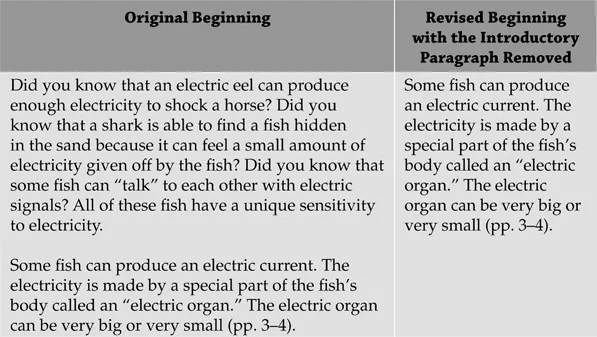 Figure 1.3 Original Beginning of Electric Fish and a Revised Beginning with the Introductory Paragraph Removed