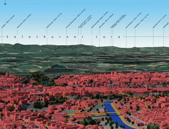 Figure 1.1 Swiss Maps, Digirama Deluxe. The landscape of this panorama is indicated from left to right by greyscale hill shading and silhouette lines as well as colour ramps and photo-realistic drapes. The annotation is derived from the ‘SwissNames’ data set and printed automatically, with a simple subsequent graphic editing.