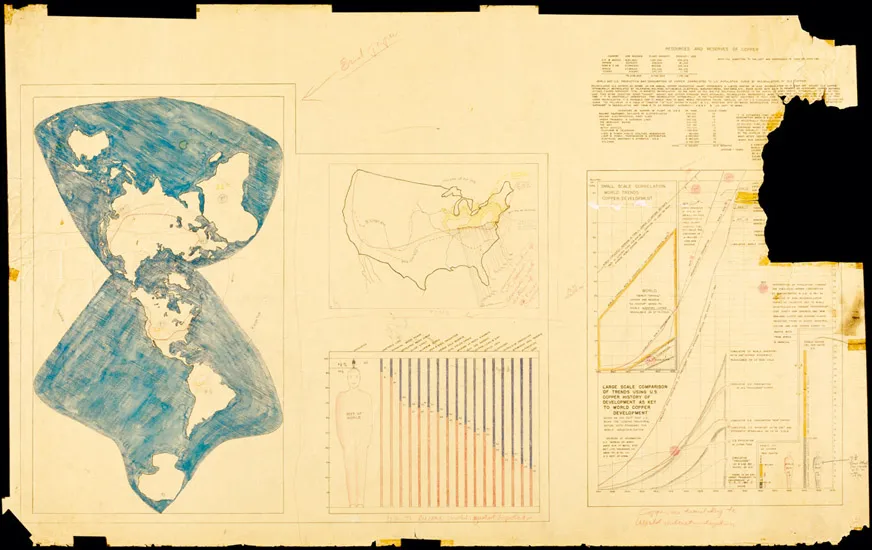 Figure 1.2 Richard Buckminster-Fuller, Dymaxion Projection method. Topological transfer of data from the globe onto the two-dimensional surface. Sketches undated, Pencil, c.1943. Buckminster-Fuller Archives. This flexible zone of spatial-cultural projection for Fuller, realised through drawing, helped formulate a corrective map projection towards his wider Spaceship Earth project – that is, worldwide collective pooling of resources out of a recognition of environmental and social injustice. This map has undergone several revisions in which various data could be composed, for example extending the ‘one continent’ idea, demonstrating world energy markets, developing the first comprehensive map showing air traffic patterns and another to show world population statistics (Fuller and Snyder 2009, pp. 171–173). The Dymaxion Map: ‘describes the Earth’s surface with the minimum total score of distortions from the many well-known geometrical processes inherent in translation of the angle and scale information from a spherical to a flat surface’ (Fuller and Snyder, 2009, p. 160).