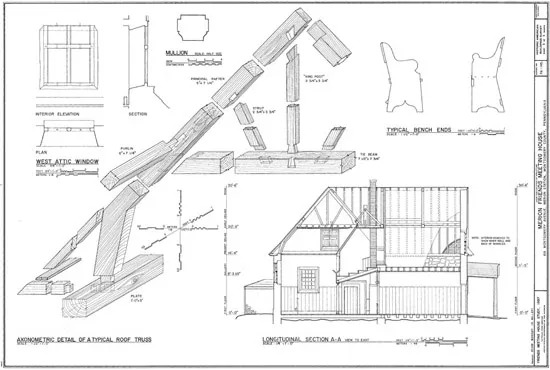 Figure 1.3 Building section and axonometric of a typical roof truss Source: Historic American Building Survey, c. 1997