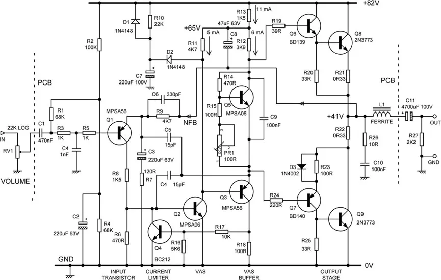 Preface Figure 20.1 My quasi-complementary 100W/8Ω power amplifier, circa 1979: protection circuitry omitted for clarity