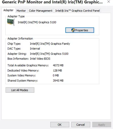 Fig 1.1 Graphic card specs for Wacom Cintiq Companion.