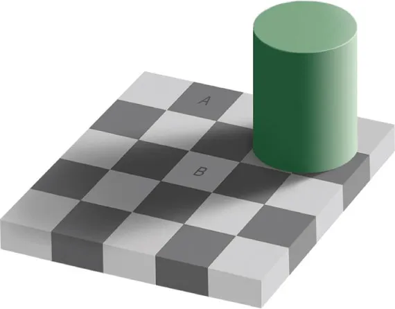Figure 1.1 The Checker Shadow Illusion. Squares A and B are identical. They are presented here as related colours, that is to say, they appear related to their surroundings. The lighting patterns that appear superimposed over the surrounding surfaces cause a viewer to perceive a ‘flow’ of light within the volume of this space, and which leads to the matching luminances of A and B being perceived quite differently.