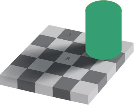 Figure 1.3 Previously the cylindrical object appeared to be uniformly green. Now it is uniformly green, but it does not look like a cylinder. That is because it is now lacking the lighting pattern due to interaction with the ‘flow’ of light.