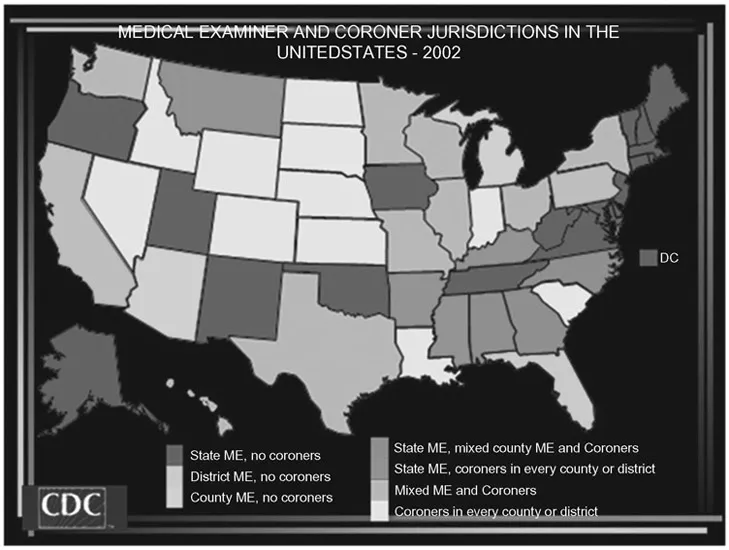 FIGURE 1.2 This map illustrates the various combinations of coroner and medical examiner system jurisdictions within the United States.