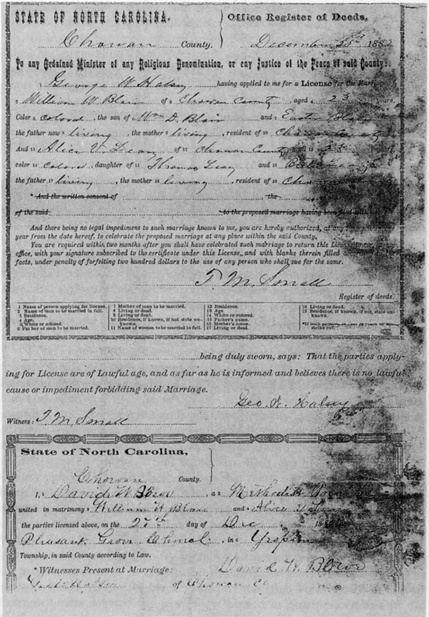 Fig. 1. Licenza e certificato di matrimonio dei nonni materni di Coltrane; William W. Blair e Alice V. Leary