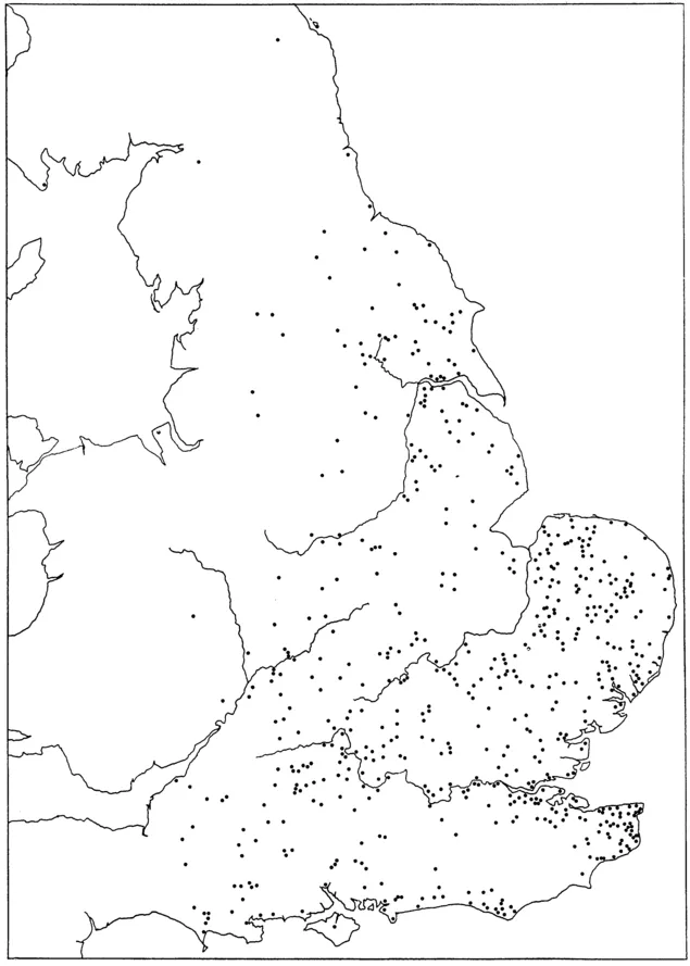 Figure 1.1 Distribution map of thrymsas and sceattas from England.