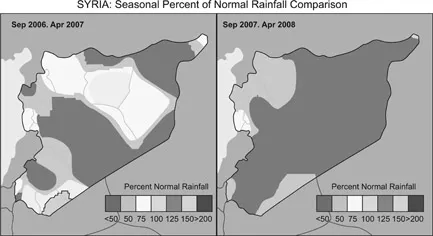 Figure 1.2 Syria: Seasonal per cent of normal rainfall, comparison 2006–2008 (USDA 2008)