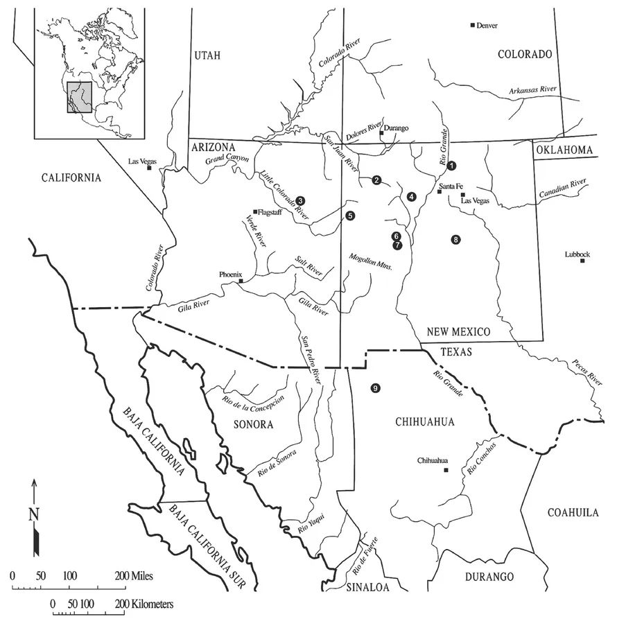 FIGURE 1.2. The Southwest culture area, which includes portions of the United States and Mexico, with map showing locations of sites discussed in this chapter. (Map by David Underwood, inset by Charles M. Carrillo) LEGEND: 1. Taos 2. Chaco Canyon 3. Hopi 4. Jemez 5. Zuni 6. Laguna 7. Acoma 8. Bosque Redondo (Fort Sumner) 9. Casas Grandes (Paquimé)