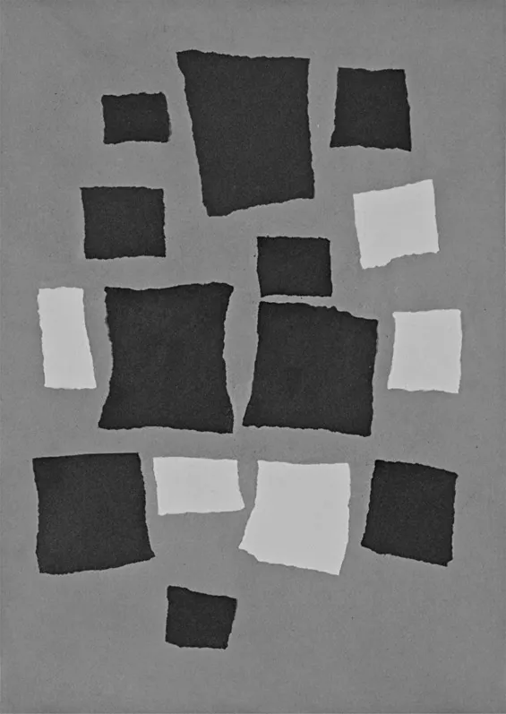 Figure 1.2 Jean Arp, Collage with Squares Arranged According to the Laws of Chance (1916–1917). Torn-and-pasted paper on blue-gray paper. 19 1/8 ´ 13 5/8 inches (48.5 ´ 34.6 cm).