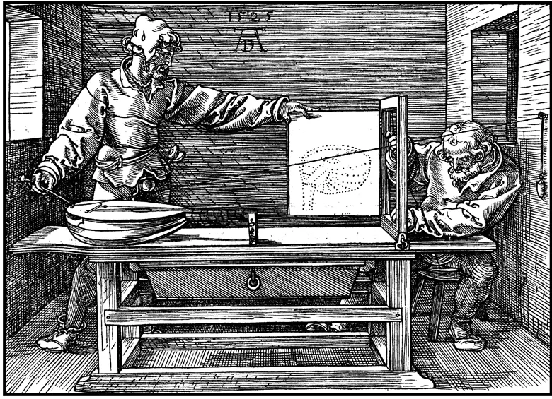 Figure 1.3 Albrecht Dürer, Underweysung, 1525. This etching shows the picture plane (the frame), the station point (the hook attached to the wall), and the visual pyramid (the string attached to the lute).