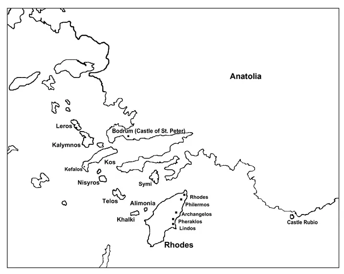 Figure 1.1 Map of Rhodes in the Eastern Mediterranean, showing Hospitaller possessions in the Dodecanese. (© Theresa Vann)