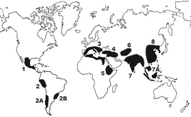 Figure 1.2 Vavilov centres of domesticated crops.