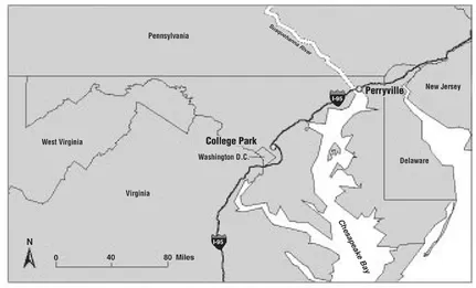 Map 1.1 Perryville, Maryland, in relation to the University of Maryland, College Park
Source: Environmental Systems Research Institute, Inc. (ESRI) Data and Maps CD (2003).