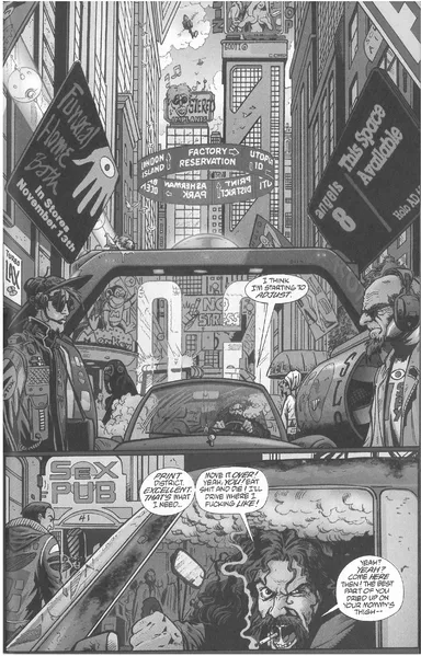 FIGURE 1.1 Transmetropolitan (1.15): The teeming metropolis of the City. Notice the rather bulky headsets on pedestrians, the naked women on the giant billboard atop the building in the middle and the musical notes indicating the noise/sound emanating from the ad for stereo implants at the building adjacent. Image Credit – TRANSMETROPOLITAN© Warren Ellis and Darick Robertson. All characters, the distinctive likenesses thereof and all related elements are trademarks of Warren Ellis and Darick Robertson.