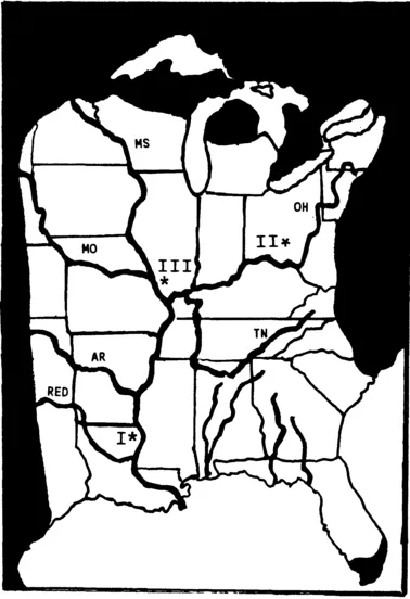 Map 1. The Moundbuilding Region. The abbreviations MS, MO, AR, OH, and TN identify the Mississippi River and four of its tributaries, the Missouri, Arkansas, Ohio, and Tennessee rivers. The asterisks mark the principal centers of moundbuilding during each of the three epochs: I. Poverty Point (ca. 1500 to 700 B.C.); II. Adena-Hopewell (ca. 500 B.C. to A.D. 400); III. Mississippian (ca. A.D. 700 to 1731).