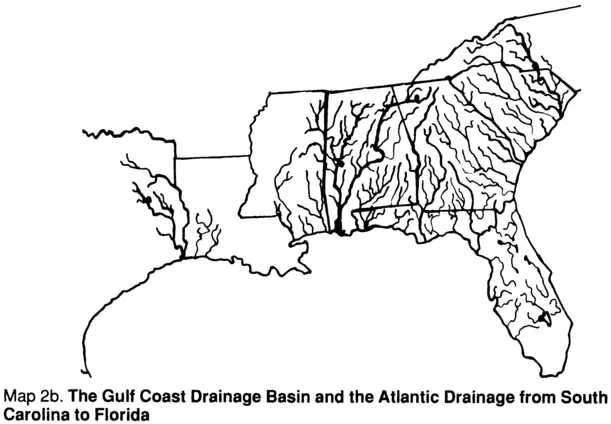 Maps 2a and 2b, Parts of the Moundbuilding Region Outside the Mississippi River Drainage. For the most part, the moundbuilding region was located within the Mississippi River drainage basin. The only parts of the region that lay outside this basin were the Gulf Coast drainage basin from eastern Texas to Florida, the Atlantic drainage from South Carolina to Florida, and some locales within the Great Lakes drainage basin.