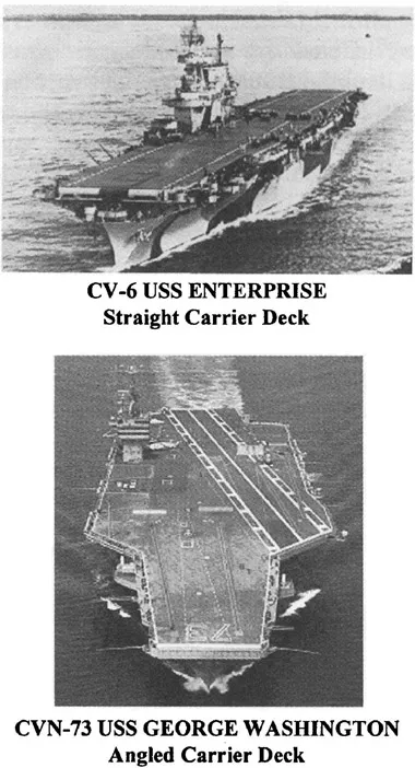 Figure 1.5 Original straight carrier flight deck (top) and improved angled carrier flight deck (bottom)